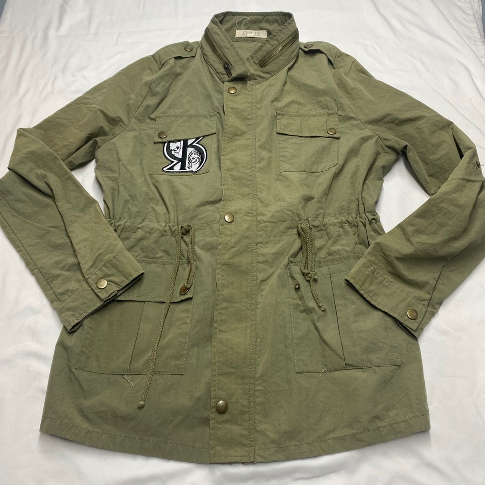 C'est Toi Womens Olive Green Skull Graphic Utility Anorak Jacket GJ330 Large